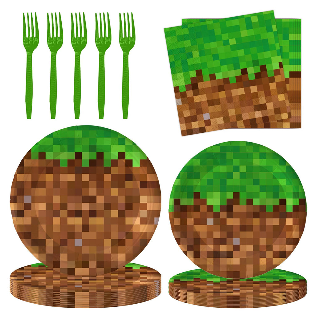 100Pcs Pixel Party Decorations Gamer Party Supplies for 25 Guests- Pixel Mining Craft Theme Disposable Birthday Party Tableware Pack Includes Plates, Napkins, Plastic Forks