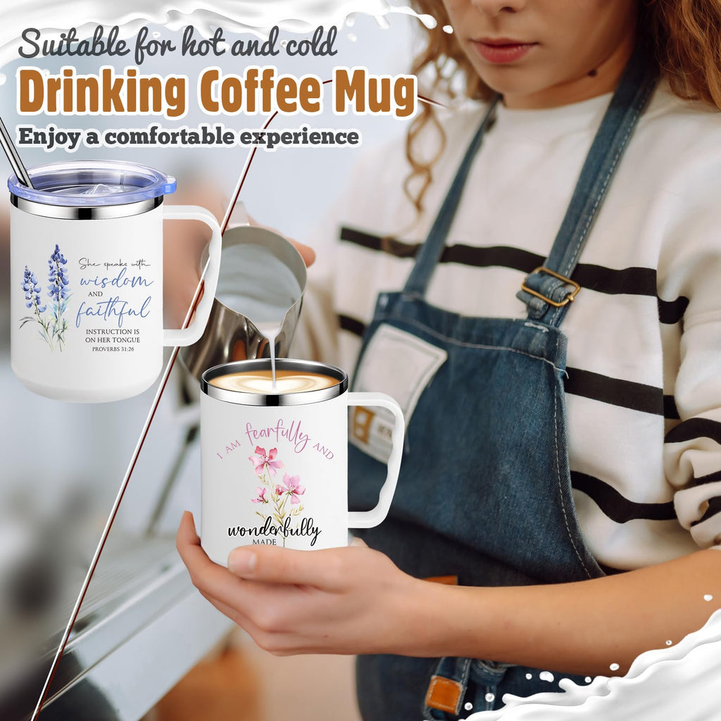 Nitial 12 Pcs 17 oz Christian Coffee Mugs with Lid and Straw Religious Bible Verse Christian Gifts Insulated Inspirational Bible Affirmations Tumbler for Women Friend Men (White,Flower)