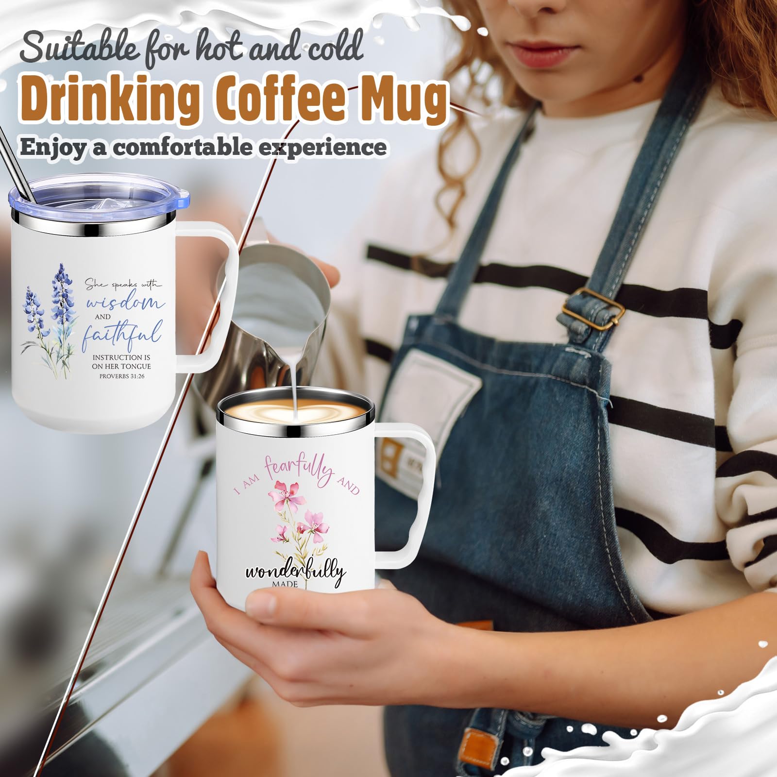 Nitial 12 Pcs 17 oz Christian Coffee Mugs with Lid and Straw Religious Bible Verse Christian Gifts Insulated Inspirational Bible Affirmations Tumbler for Women Friend Men (White,Flower)