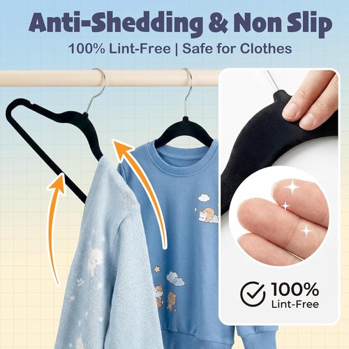 HOUSE DAY 14-Inch Kids Velvet Hangers - Durable Non-Slip Felt Hangers for Youth & Teens | 50 Pack, Black