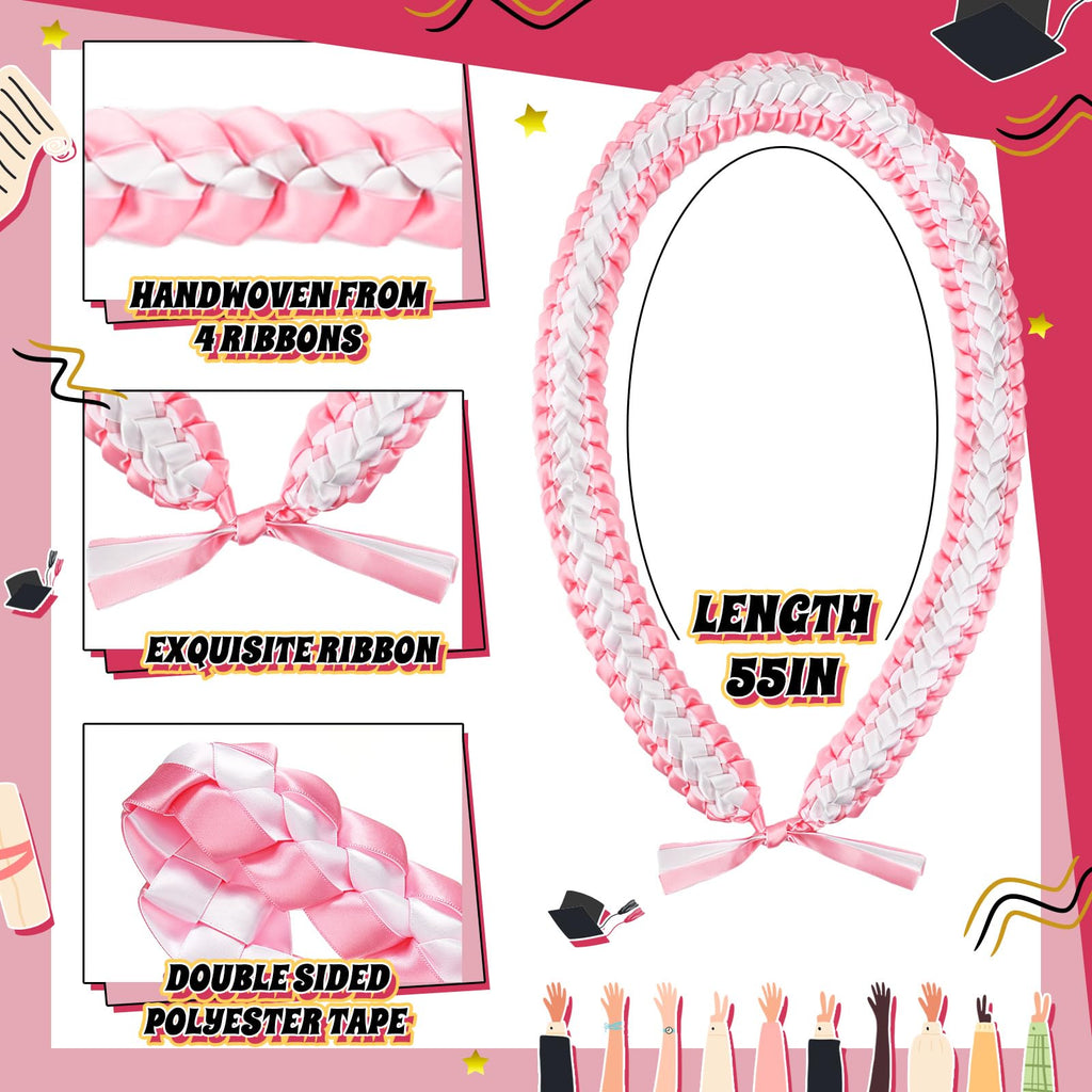 Suncalla 2pcs Pink Graduation Leis Class of 2026 Coquette Money Butterfly Ribbon Leis for Graduation Necklace with Pins Braided Ribbon Necklace for Grad Gift High School University Ceremony DIY Decor