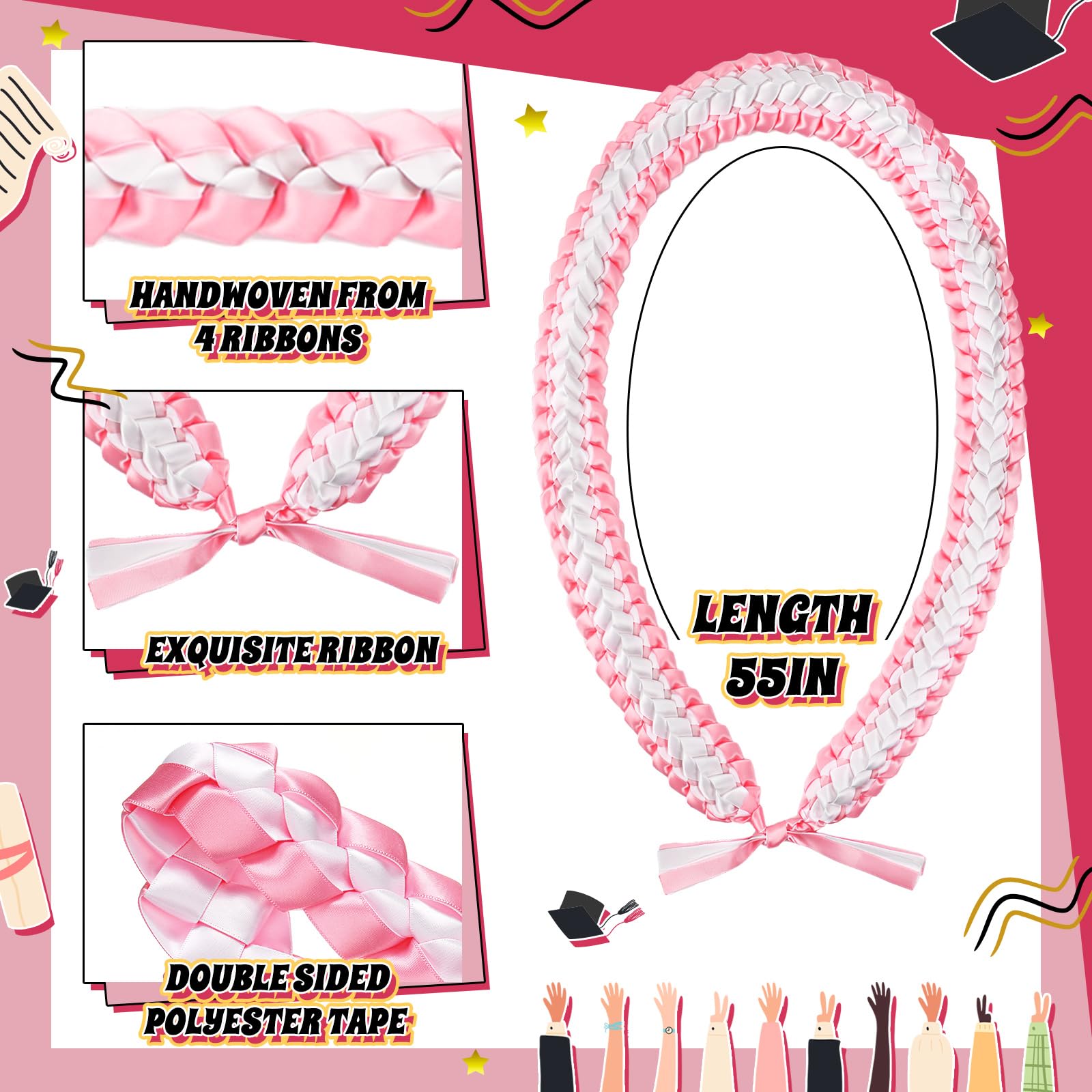 Suncalla 2pcs Pink Graduation Leis Class of 2026 Coquette Money Butterfly Ribbon Leis for Graduation Necklace with Pins Braided Ribbon Necklace for Grad Gift High School University Ceremony DIY Decor