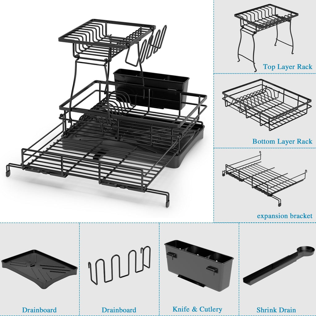 2 Tier Dish Drying Rack, Large Extendable Dish Racks for Kitchen Counter or Over Sink, Dishrack with Drainboard, 2-in-1 Anti-Rust Stainless Steel Dish Drainer with Utensil Holder & Cup Holder (Black)