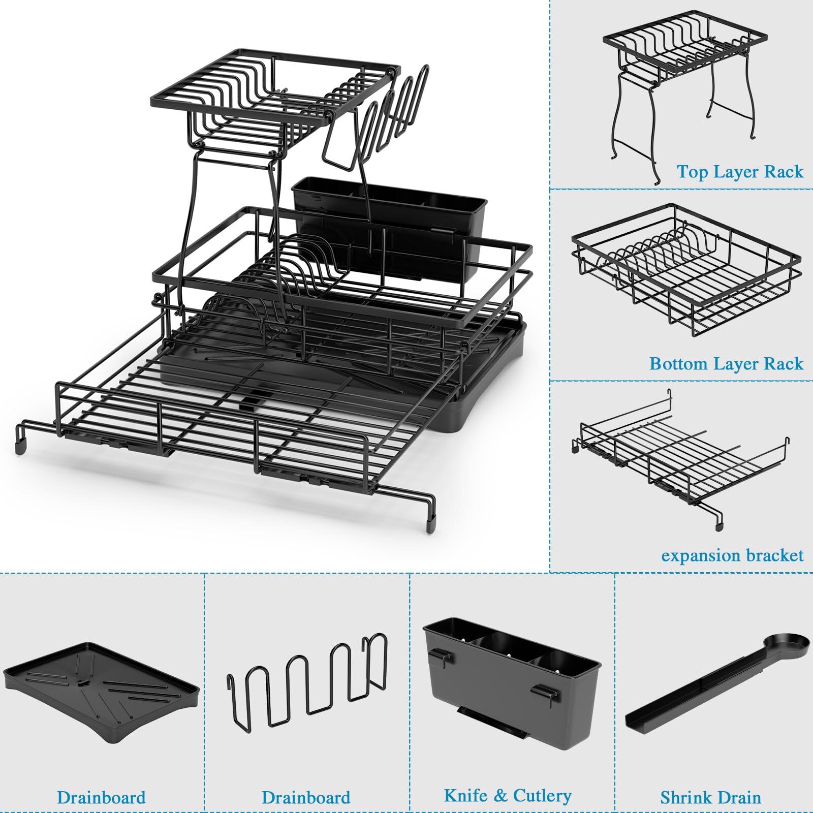 2 Tier Dish Drying Rack, Large Extendable Dish Racks for Kitchen Counter or Over Sink, Dishrack with Drainboard, 2-in-1 Anti-Rust Stainless Steel Dish Drainer with Utensil Holder & Cup Holder (Black)