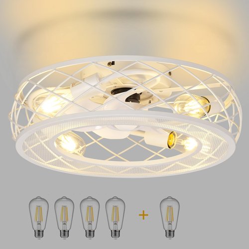 20 Inch White Low Profile Caged Ceiling Fan with Light and Remote, Flush Mount, Noiseless DC Motor, Reversible, 6 Speed with Timer, Rustic Bladeless Cage Design for Bedroom Kitchen Dining Room