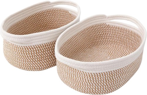 JMvicyroam Woven Basket - Small Rope Storage Bin with Handles for Organizing Shelves | White & Brown Block - 2 Pack