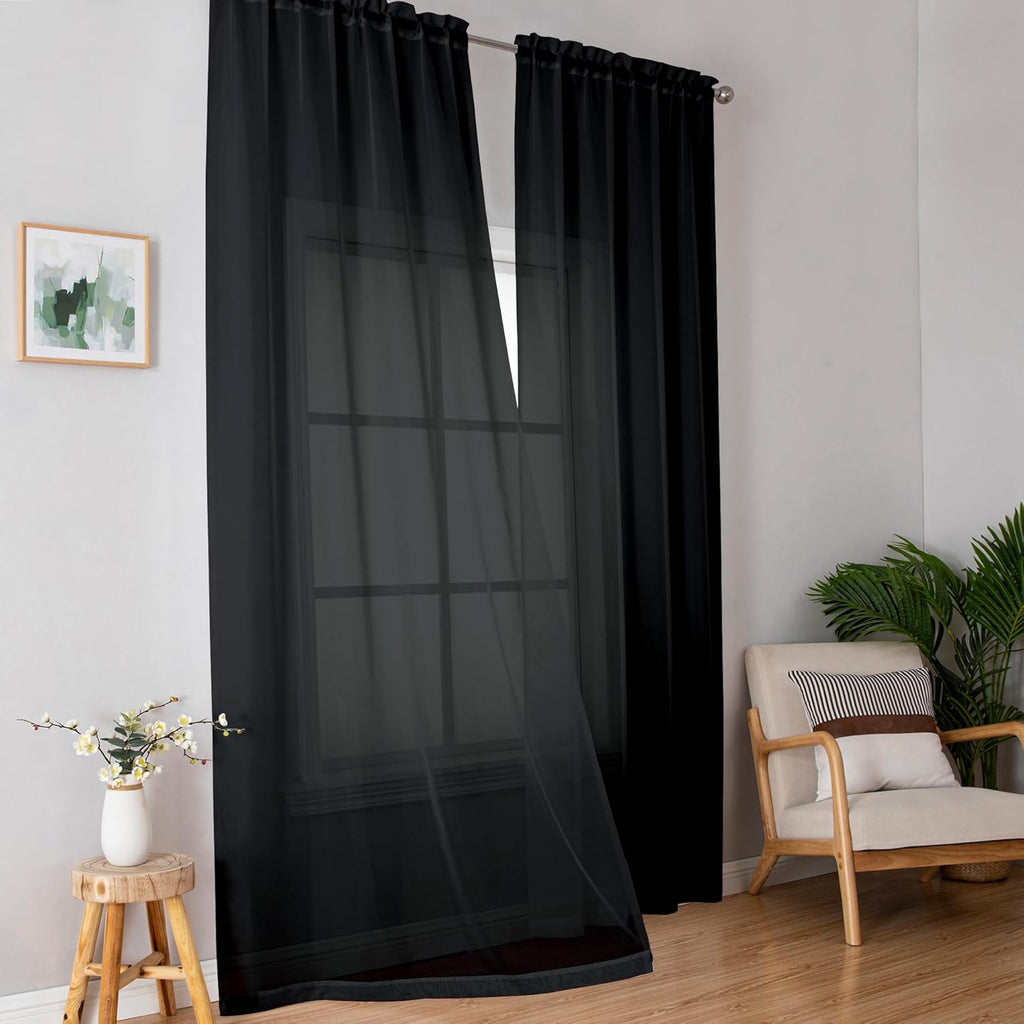 Simplebrand Black Sheer Curtains - Elegant Light Filtering Rod Pocket Panels | 84 Inches Long, 2-Pack