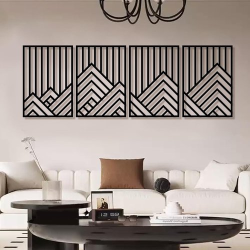 Abstract Black Metal Wall Decor by 4Pcs - Minimalist 3D Mountain Line Art Sculpture | 16"x11" for Living Room & Office