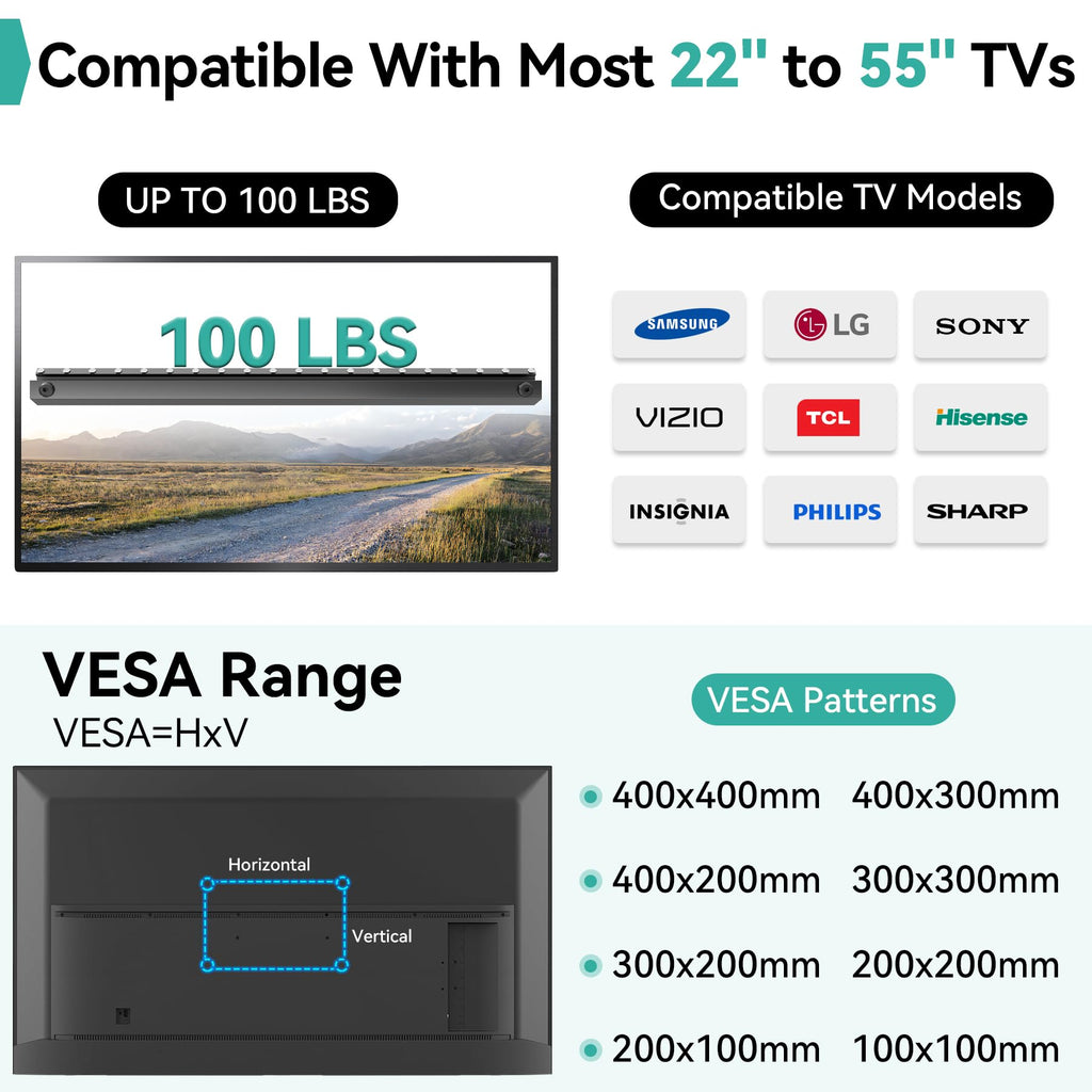Auoace No Drill TV Wall Mount for 22 to 55 inch TVs, Drywall Smart TV Bracket Tilts Up to 5°, Low Profile TVs Mount up to 100 Lbs, Fast to Install for Bedroom, Living Room, Include All Hardware kit