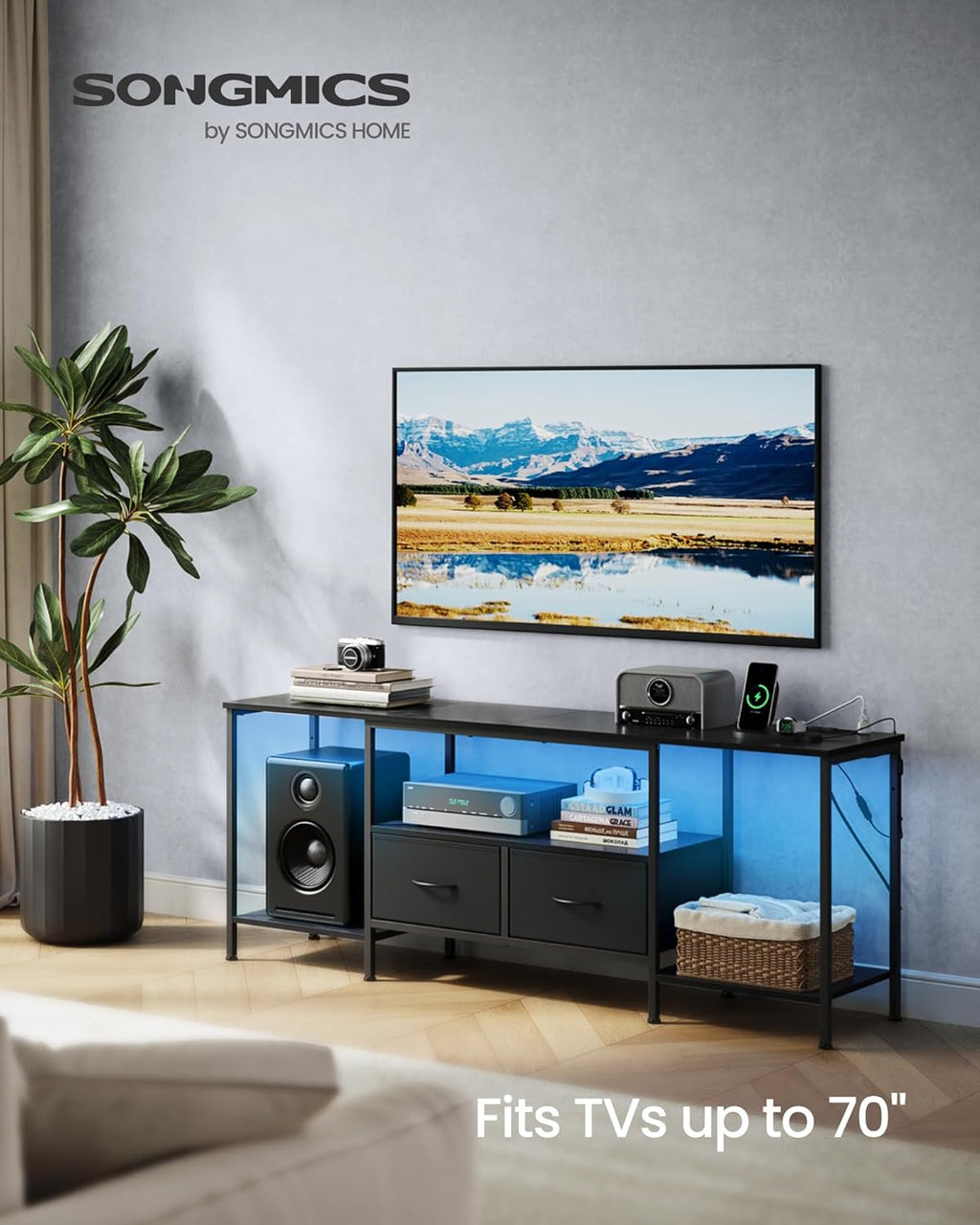 SONGMICS TV Stand - Modern Entertainment Center with Power Outlets & Lights for TVs Up to 70 Inches | Ink Black