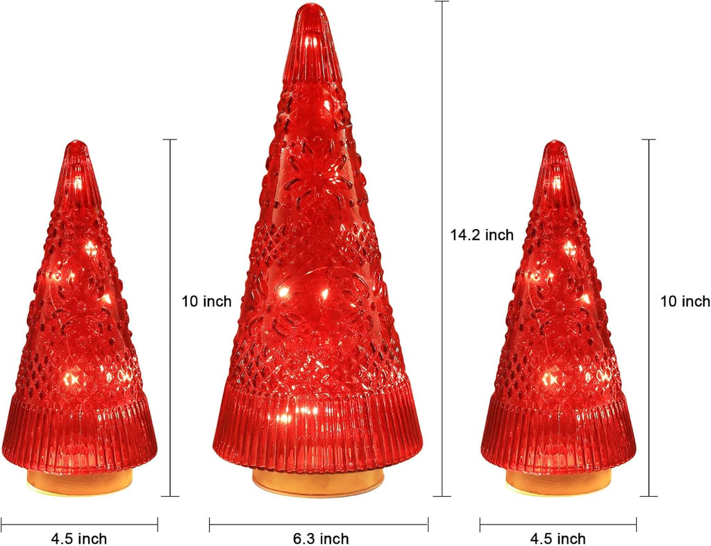 PHITRIC Christmas Tree Centerpieces - 3 PCS Sparkling Glass Decor with LED Lights & Timer | Indoor Holiday Decorations