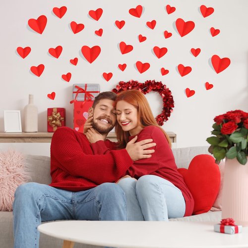 74 Pcs Valentine's Day Decoration, 3D Red and Pink Heart Valentine Wall Stickers, Waterproof Wall Decals, for Wedding Anniversary Party Bedroom School Office (Valentines)