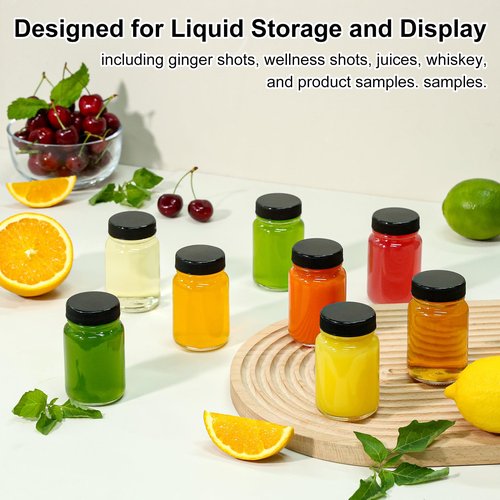 KEYWING 28 Pack 2oz Glass Shot Bottles with lids - Small Clear Jars for Ginger, Wellness Shots, Juice, Whiskey - Travel mini Reusable Wide Mouth bottles- Leakproof, Dishwasher Safe