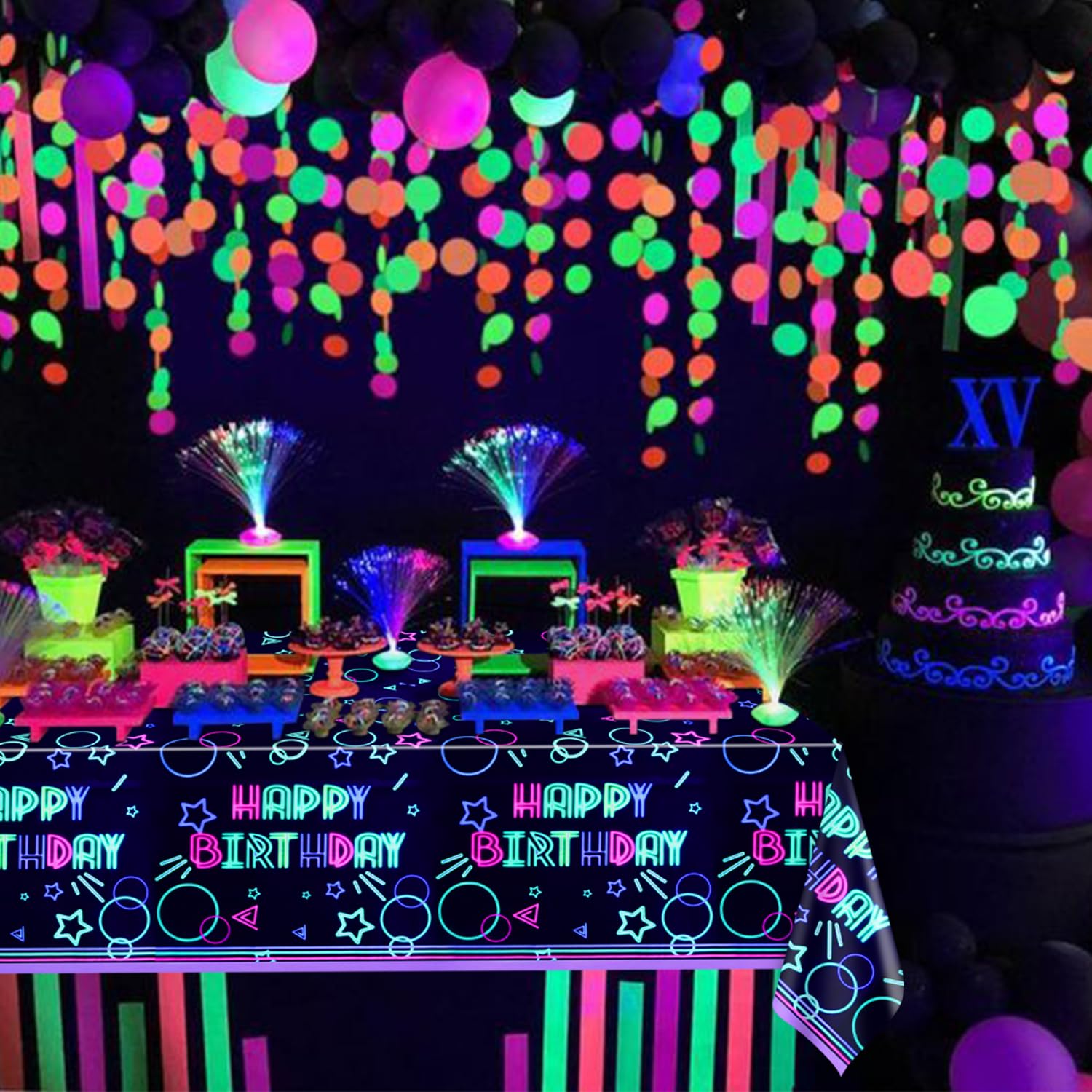 XJLANTTE 4 Pack Glow Party Tablecloth Supplies - Neon Plastic Birthday Table Cover, Black Light Fluorescence Rectangle Table Cloth 51"x86.6" for Glow in The Dark Birthday Party Decorations
