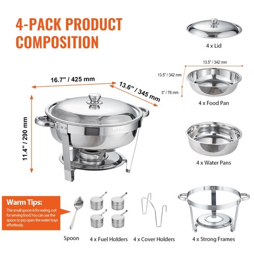VEVOR Chafing Dish Buffet Set, 5 Qt 4 Pack, Stainless Steel Chafer with Full Size Pan, Round Catering Warmer Server with Lid Water Pan Stand Fuel Holder Cover Holder Spoon, for at Least 6 People Each