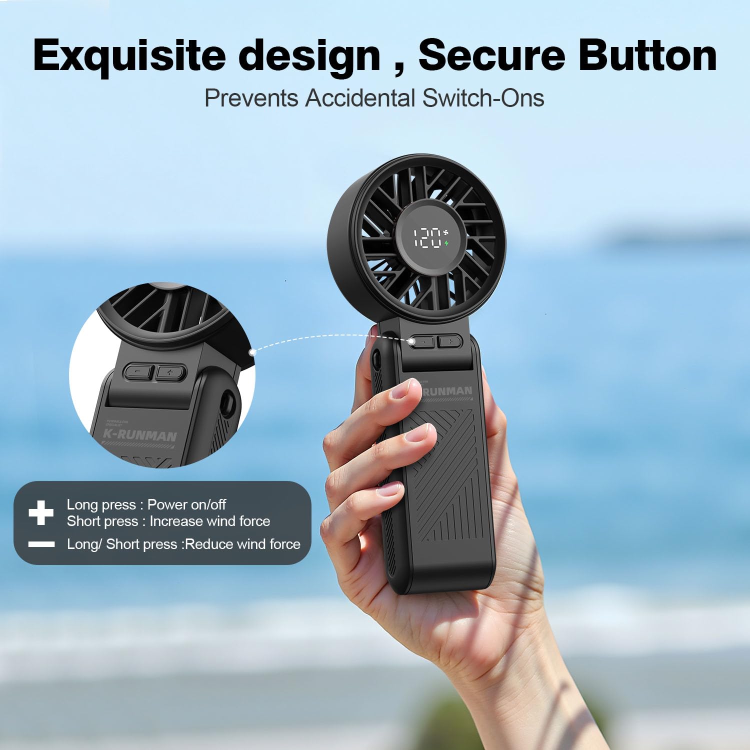 K-RUNMAN Portable Handheld Fan, 4000mAh Rechargeable, 6 Speed Settings, LCD Display, 3-in-1 Foldable Mini Desk Fan with Lanyard (BLACK)