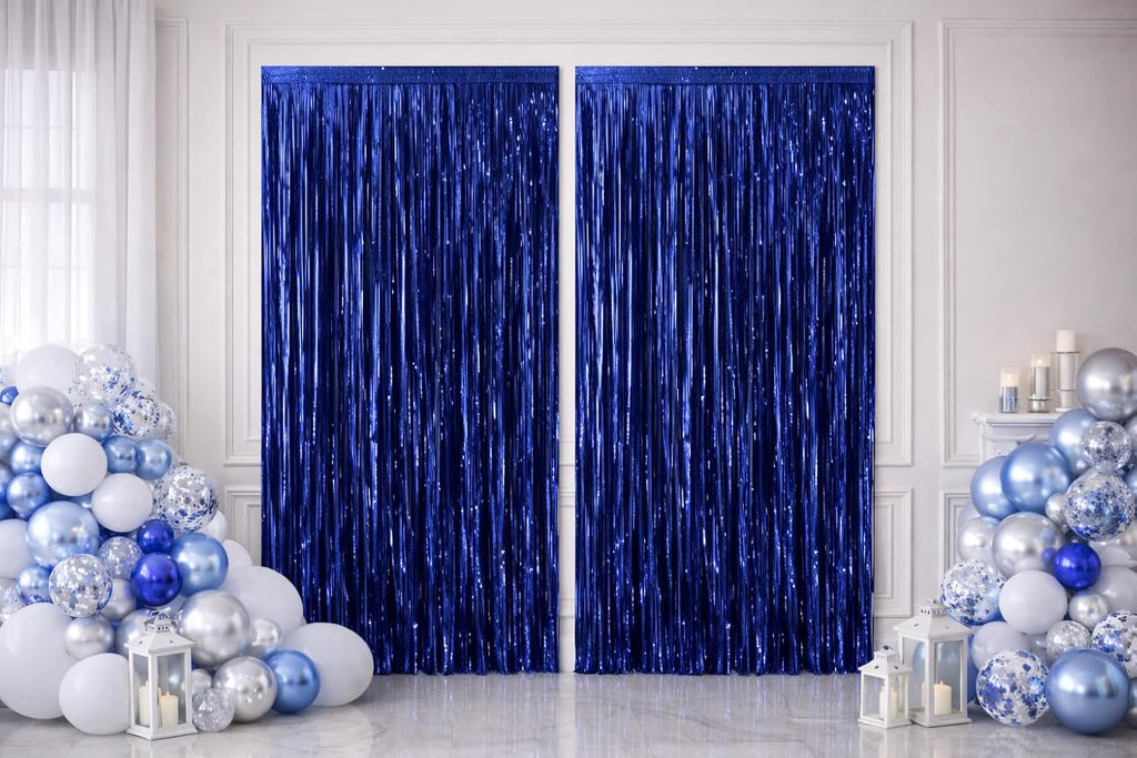 Metallic Foil Fringe Curtain Backdrop by [Brand Name] - Dark Blue | 3.2ft x 6.4ft Party Decor for Events