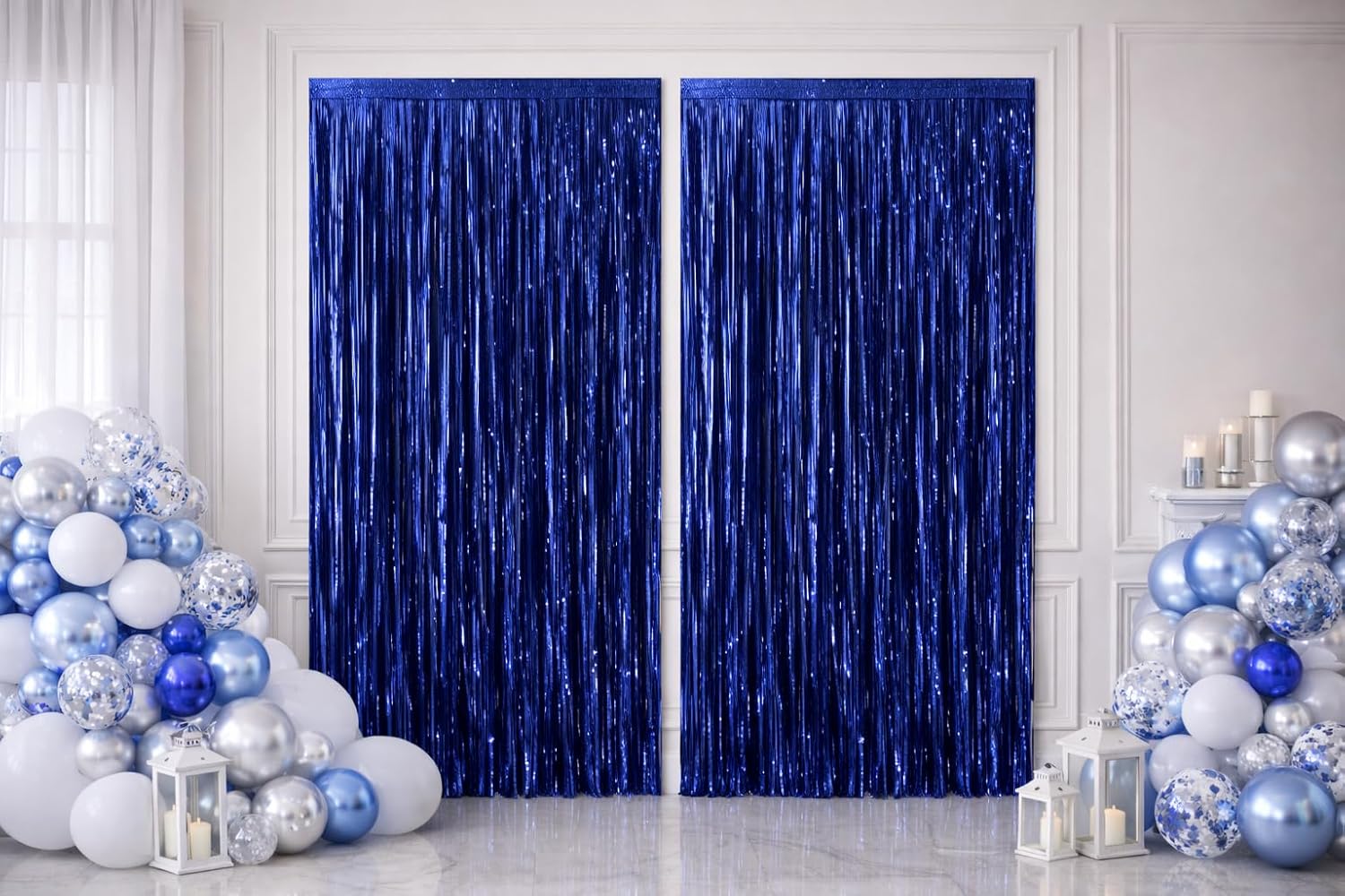 Metallic Foil Fringe Curtain Backdrop by [Brand Name] - Dark Blue | 3.2ft x 6.4ft Party Decor for Events