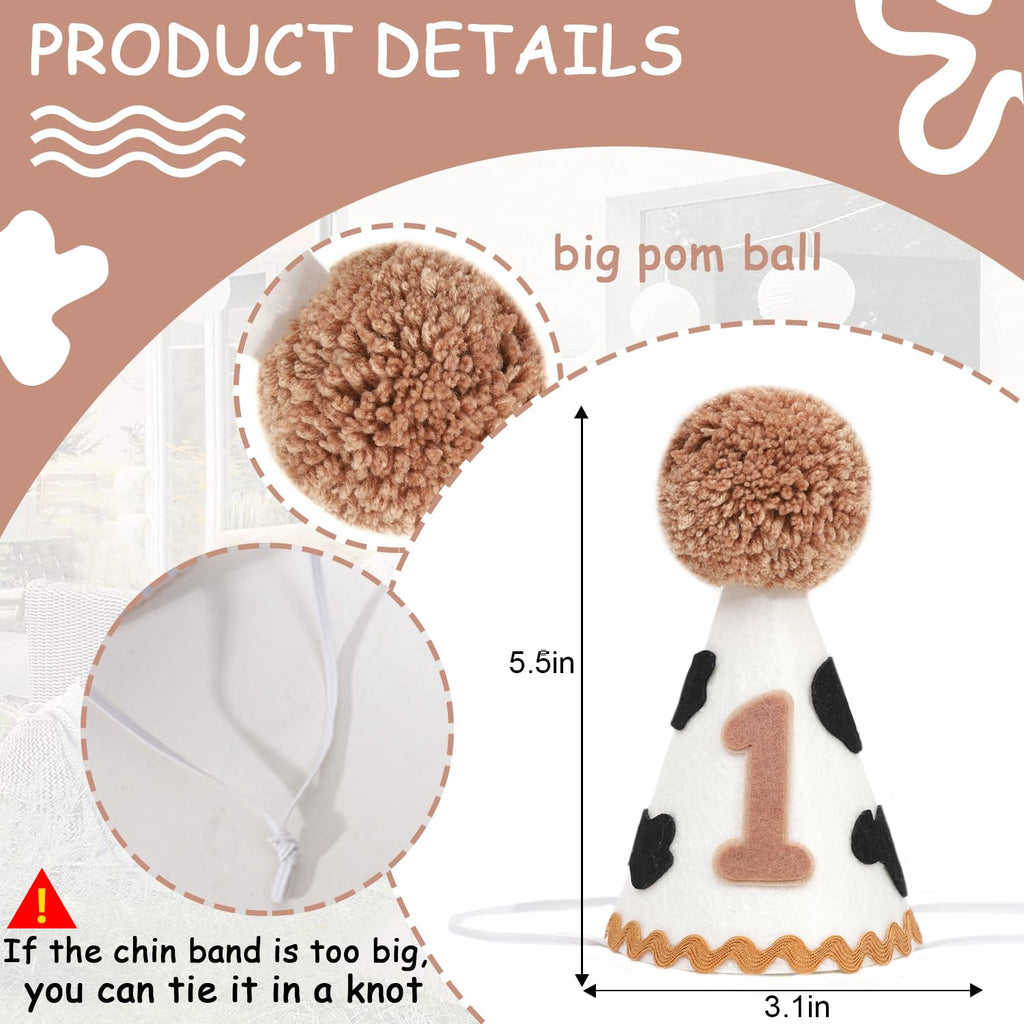 MAMUXI Cow Print 1st Birthday Hat - Cowboy One Birthday Decorations, My First Rodeo Party Cone Hat, Little Cowboy Smash Cake Photo Props, Western Farm Cow Party Cap (Cowboy Birthday Hat)