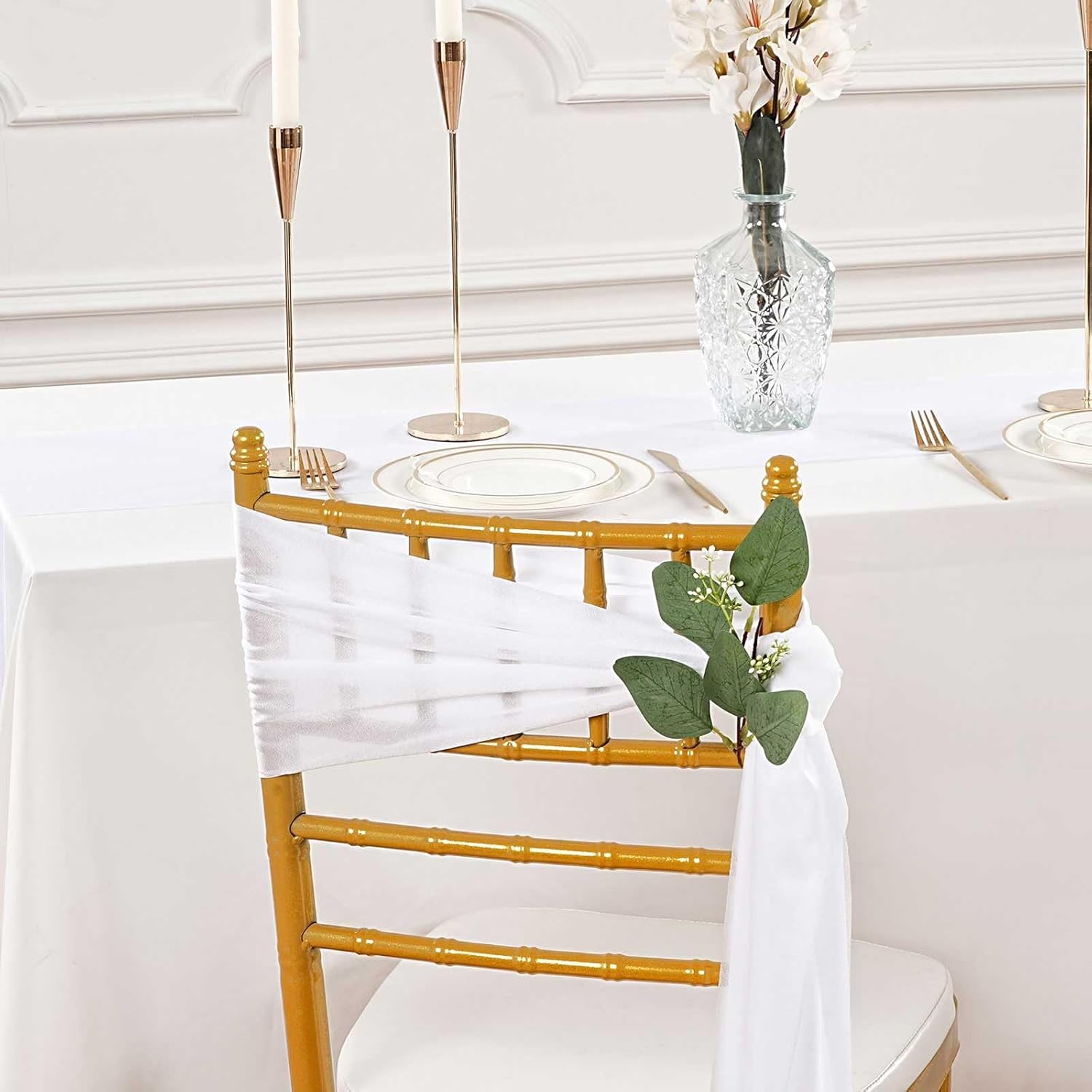 QueenDream Chair Sashes - 24 Packs of 8ft Long Sheer White Draping Fabric for Wedding & Party Decor