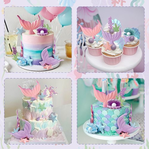 21pcs Mermaid Cake Topper - Mermaid Tail Cake Decorations with Seaweed Shells Starfish Coralal Under the Sea Cake Decorations for Birthday Party Decorations (Pink Purple)
