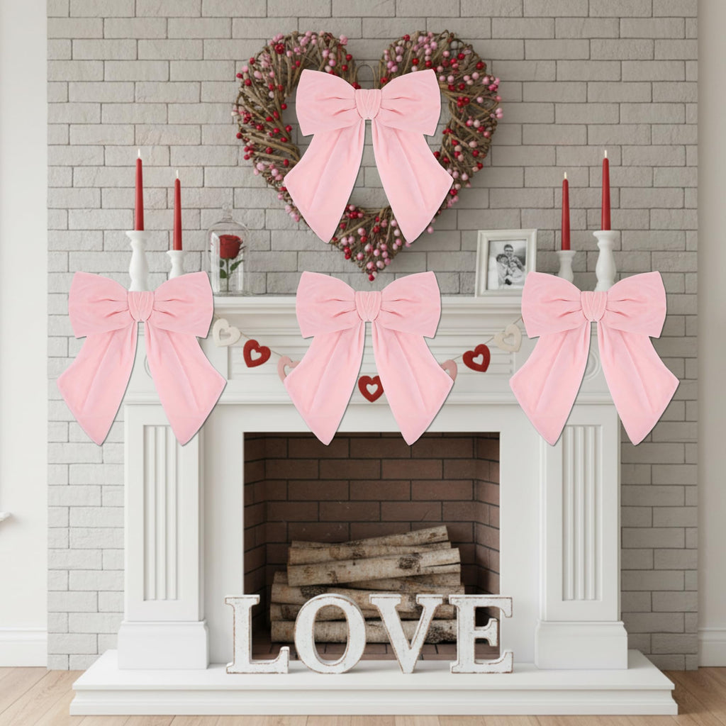 Riceshoot 5 Pcs Valentine's Day Velvet Bows 11'' x 16'' Large Velvet Ribbon Bow for Wreaths Pre-Tied Bowtie for Valentines Gift Wrapping Romantic Festive Party Decoration(Light Pink)