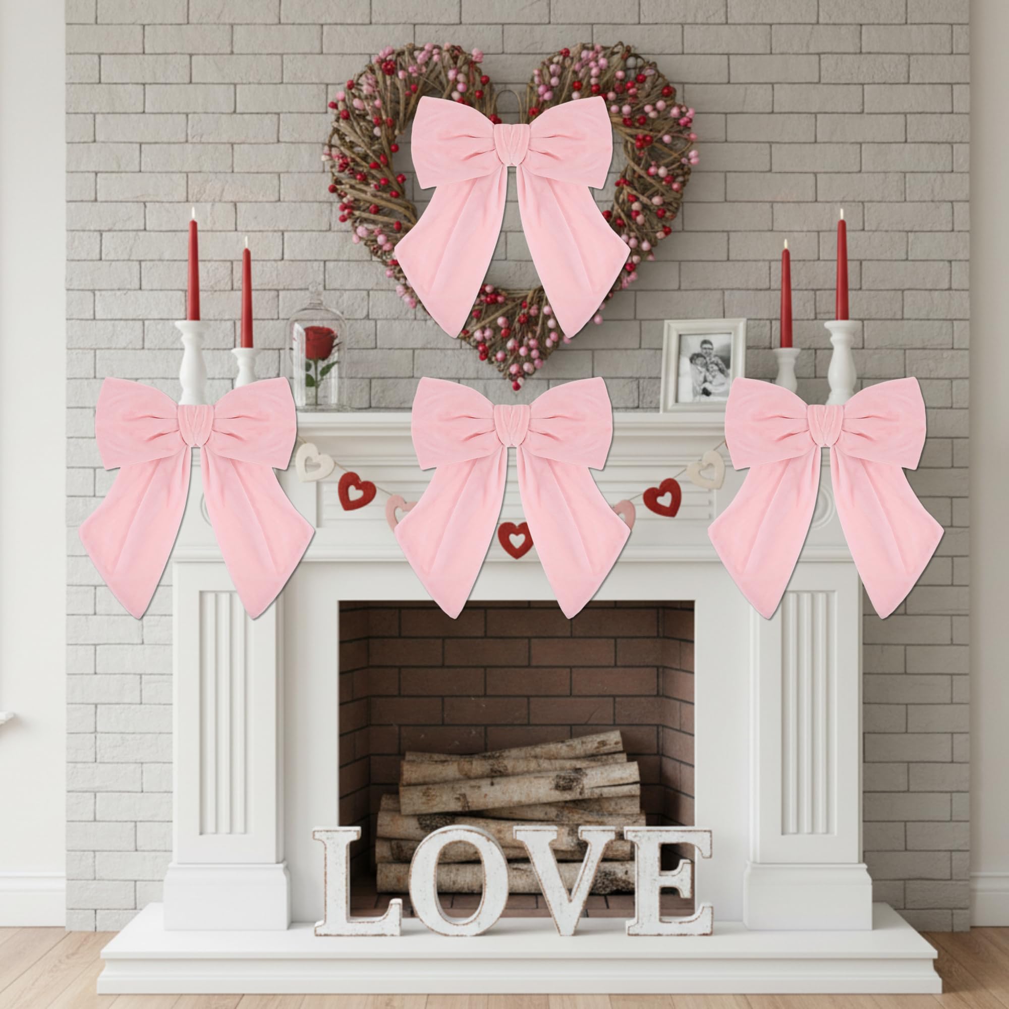 Riceshoot 5 Pcs Valentine's Day Velvet Bows 11'' x 16'' Large Velvet Ribbon Bow for Wreaths Pre-Tied Bowtie for Valentines Gift Wrapping Romantic Festive Party Decoration(Light Pink)