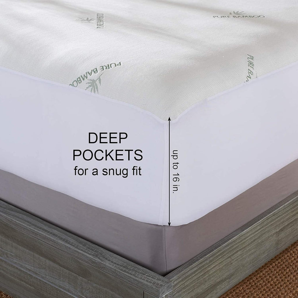 PURE BAMBOO Queen Mattress Protector - Waterproof & Breathable Viscose Cover, Noiseless & Stain-Resistant