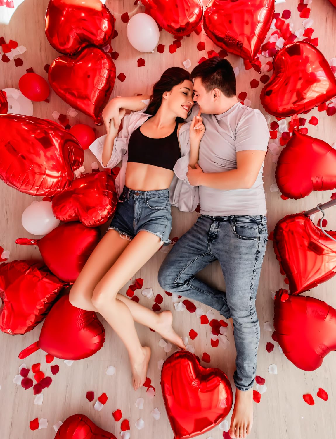 Adeyoo Anniversary Balloons Decorations,Happy Anniversary Banner,Red Heart Shaped Balloons,Large Love Balloon,Rose Petals,Latex Balloon for Romantic Nigh Valentines Day Party Supplies