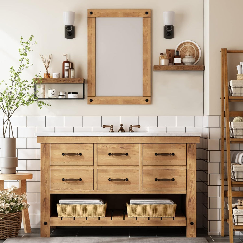 QEEIG Bathroom Shelves | Over Toilet Wall-Mounted Floating Shelves - Rustic Brown, 16 Inch Set of 2