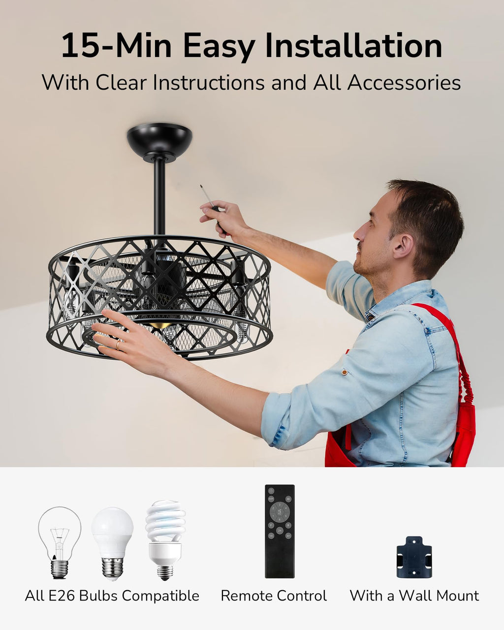 ULG 20” Caged Ceiling Fan with light, Vintage Fandelier Ceiling Fan Light Flush Mount Ceiling Fan with Remote Control, 6-Speed Quiet Wind Reversible for Small Room, Hallway, Bedroom, Porch