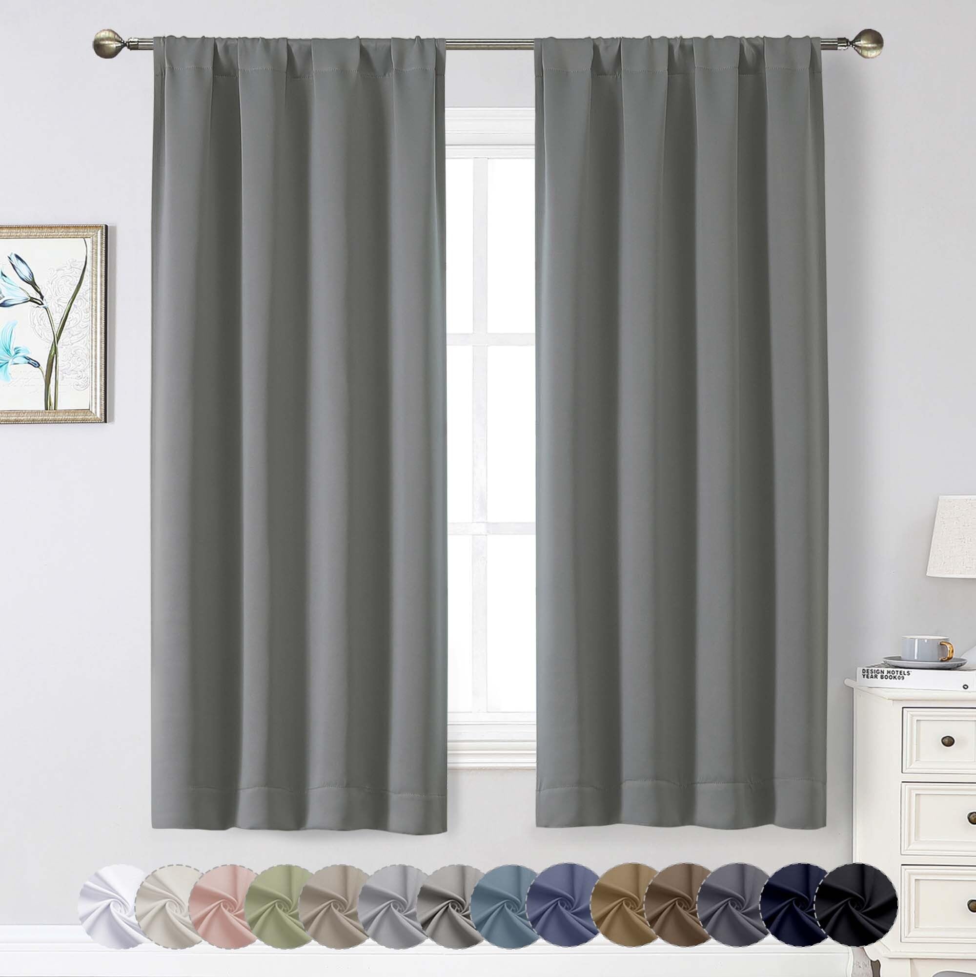 WelvetBLK Light Grey Blackout Curtains for Bedroom Living Room 63 Inch Length 2 Panels Set, Soft Solid Room Darkening Thermal Insulated Window Treatments, Rod Pocket Dining Room Curtains, 40" Wx63 L