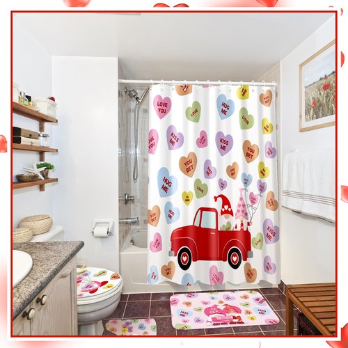 Drydiet 4 Pcs Valentines Shower Curtain Set with Non Slip Rugs Toilet Lid Cover Bath Mat and 12 Hooks Gnome Candy Conversation Heart Truck Bathroom Decor Valentine Shower Curtain for Bathroom