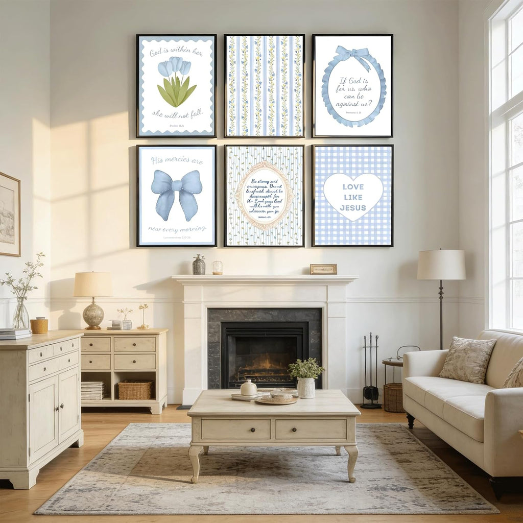 Skiennix Blue Bible Verses Wall Art - Floral Christian Decor for Girls Room | 8x10in Unframed Prints