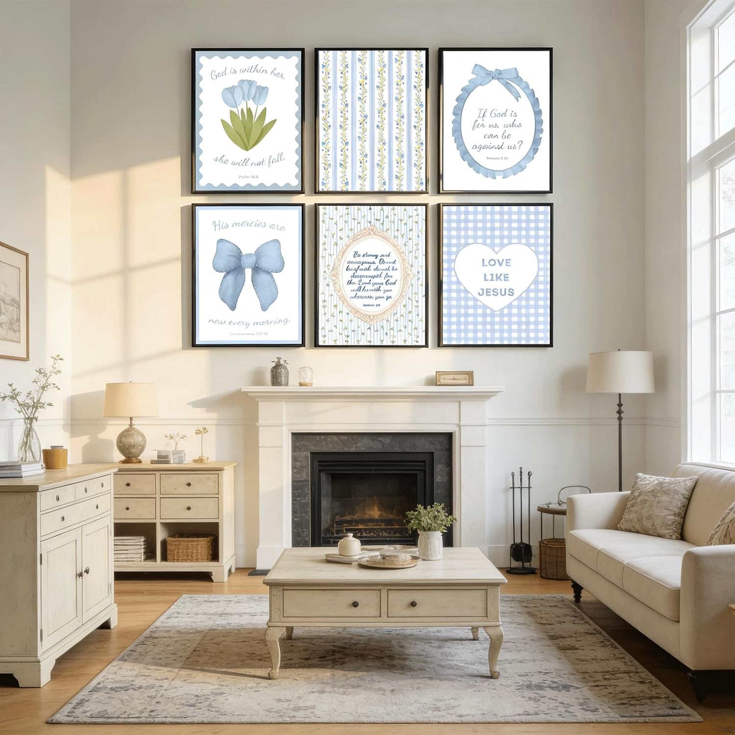 Skiennix Blue Bible Verses Wall Art - Floral Christian Decor for Girls Room | 8x10in Unframed Prints