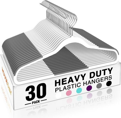 HOUSE DAY Heavy Duty Plastic Hangers - Non-Slip Design with Rubber Pads | 30 Pack, Space-Saving White Closet Organizer