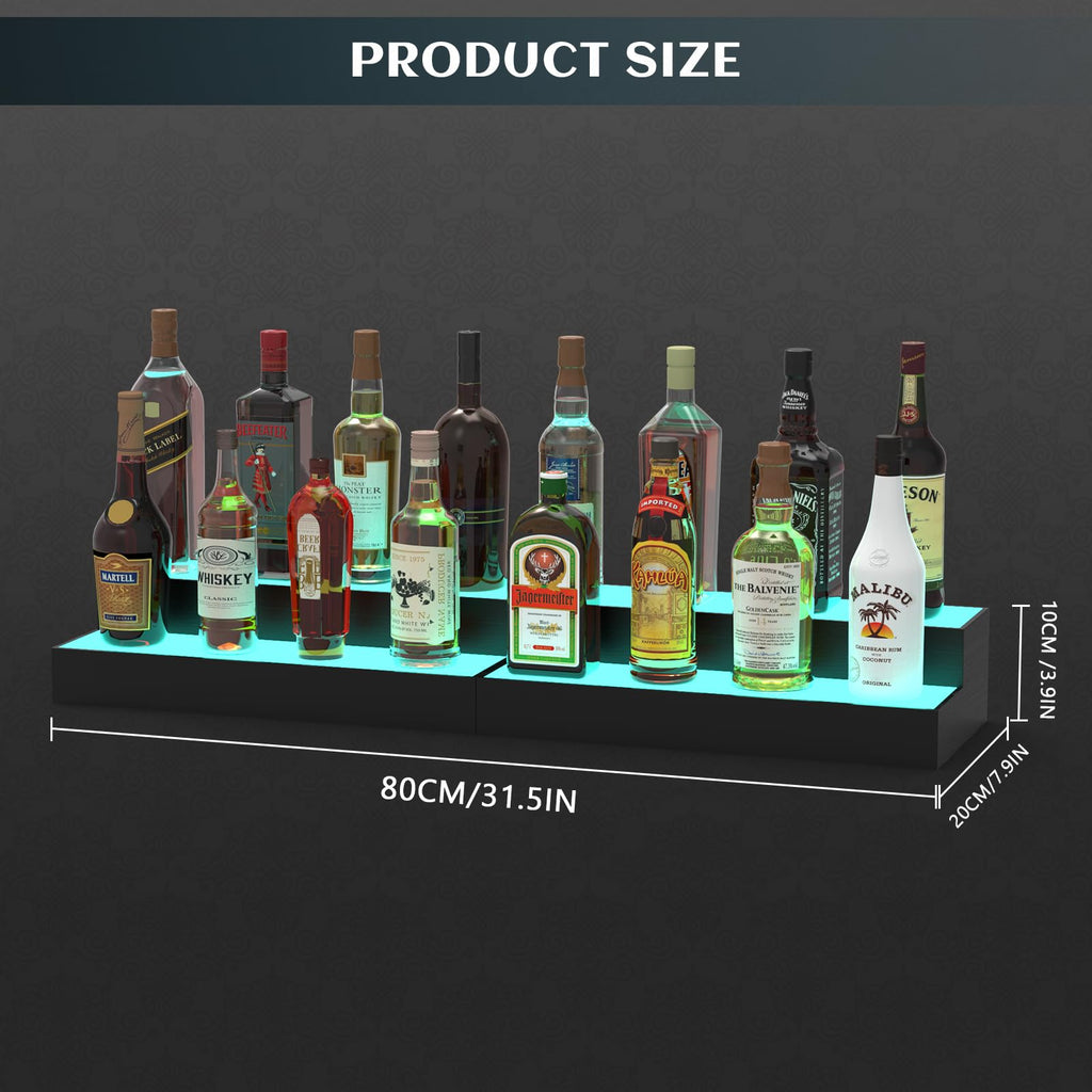 upcessory LED Lighted Liquor Bottle Display Shelf, 2 Tier 32 Inch Alcohol Whiskey Wood Rack Stand Tray for Home Bar Living Room Accessories and Decor, Bourbon Shelf for 16 Bottles