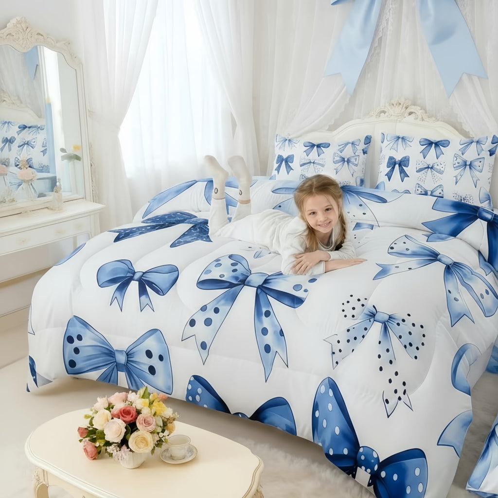 Erosebridal Kids Blue Bow Comforter Set with Sheets Twin Size Princess Bow Tie Girls Bed in A Bag Ultra Soft Butterfly Knot 7 Pieces Bed Set Bedroom Decor Fairy Tale Theme Girlish Room Decor