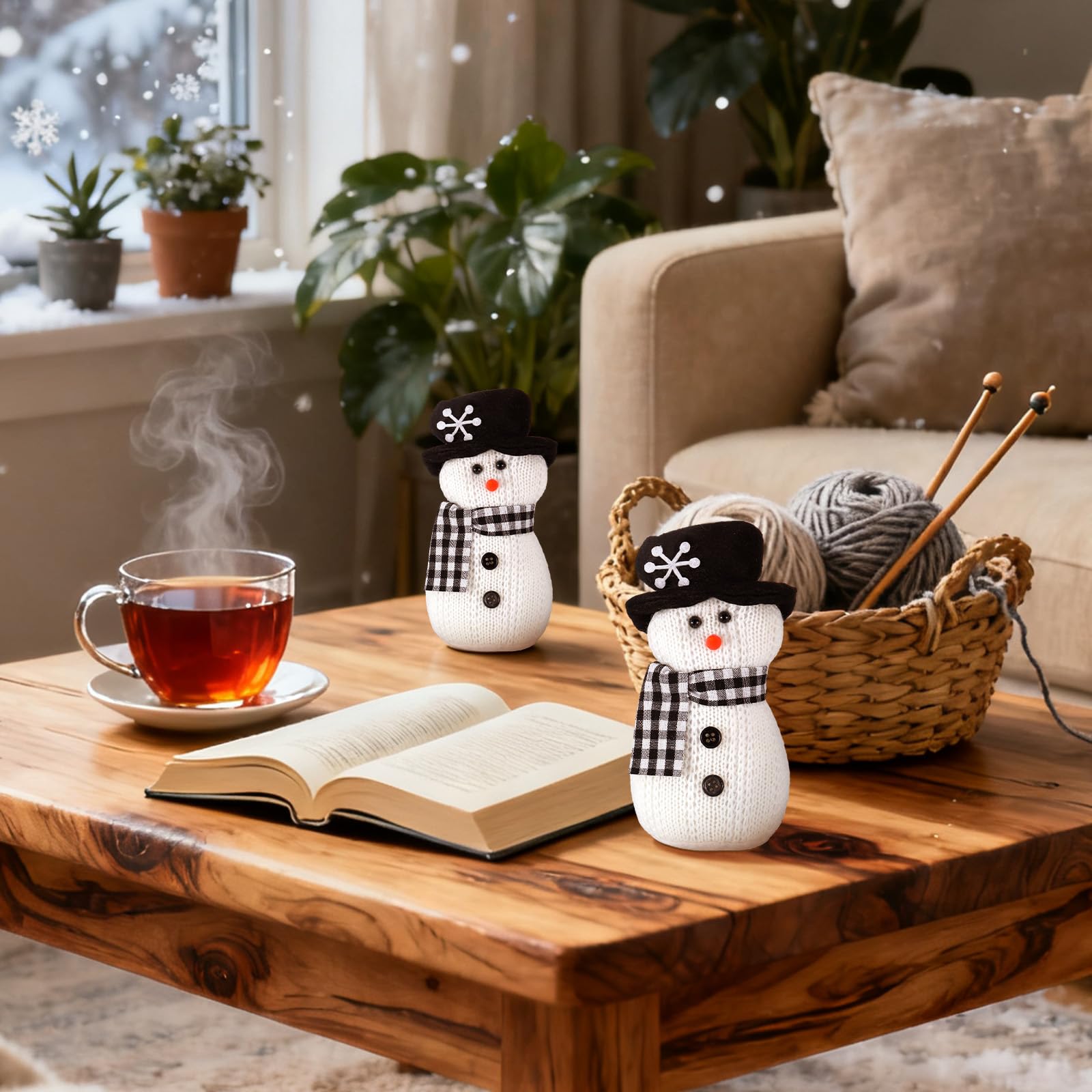 SmoothNovelty 2 Pcs Winter Snowman Plush Toys 6'' Snowman Figurines with Black and White Checkered Scarf Christmas Snow Man Table Centerpieces for Holiday Winter Home Table Fireplace Decor