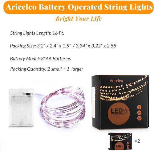 Ariceleo LED Fairy Lights - Battery Operated Mini Copper Wire String Lights | 5m/16ft Cool White for Bedroom, Weddings & Parties