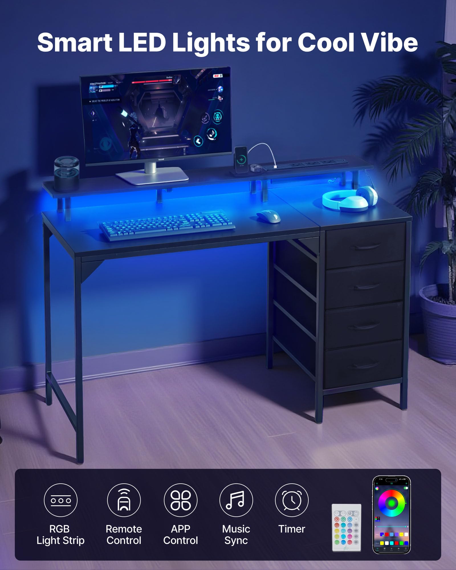 VEVOR 47" Computer Desk with LED Lights & Power Outlets, Gaming Table with 4 Large Drawers, Office Desk with Monitor Stand, Study Work Home Office, Small Spaces, Black