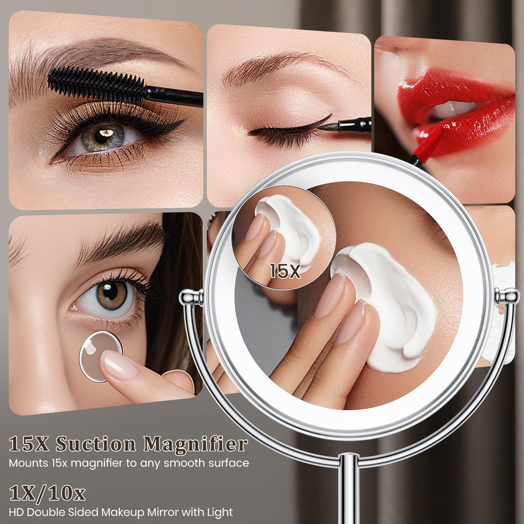 VESAUR Upgraded 11" Large 17" Tall Lighted Makeup Mirror Silver, 1X/10X Dual-Sided Magnifying with 15X Suction Mirror, 3 Color Adjustable Lights, 360° Swivel Dual Power Vanity Mirror, Gift Box