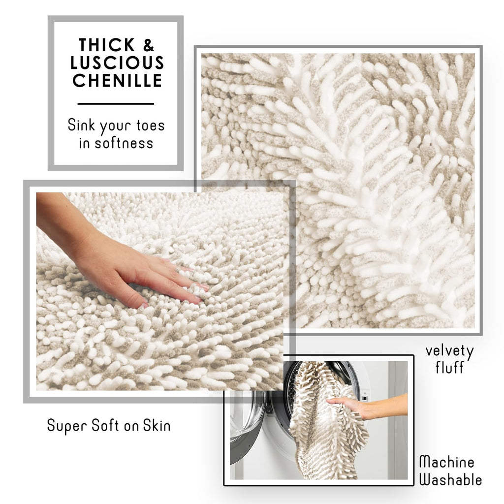 Hearth & Harbor Bathroom Rugs, Chenille Bath Mat - Machine Washable Bath Mats for Bathroom Non-Slip Backing Rubber, Quick Dry Bathroom Mat, 17 x 24 + 20 x 32 - Ombre Beige