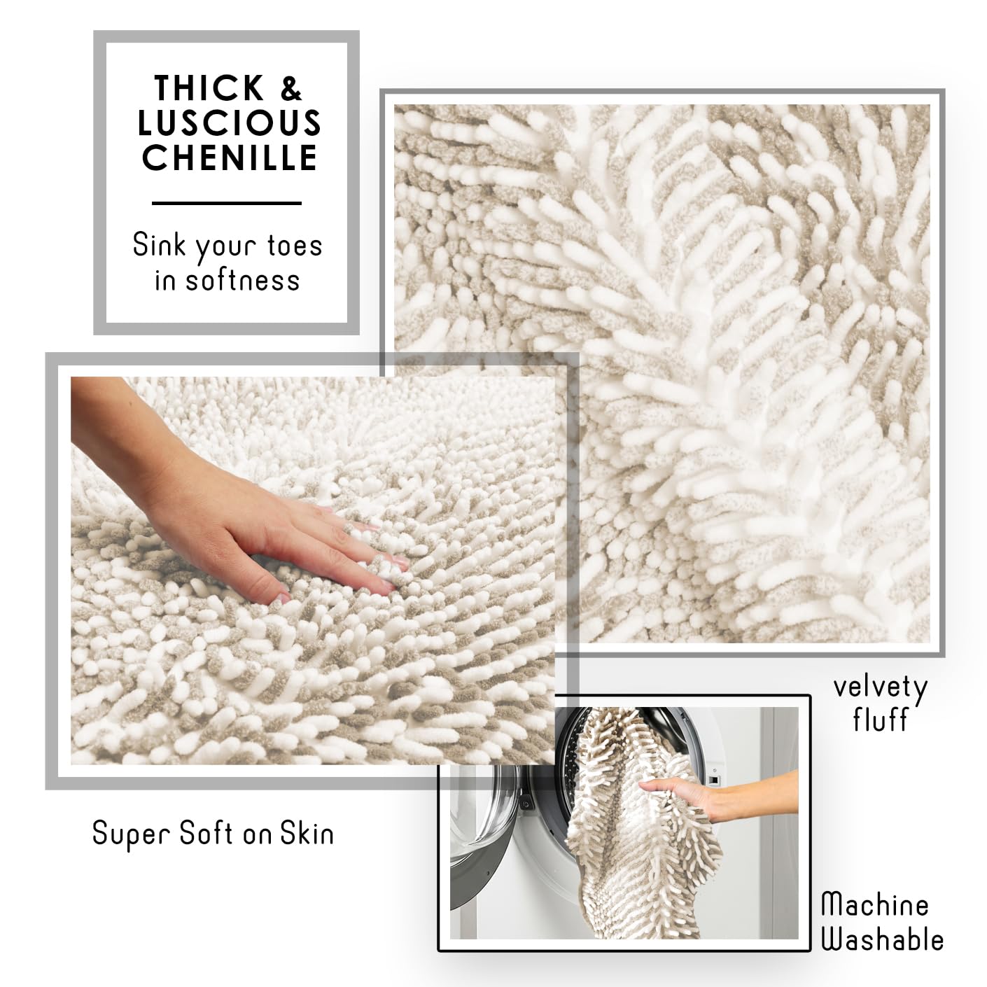 Hearth & Harbor Bathroom Rugs, Chenille Bath Mat - Machine Washable Bath Mats for Bathroom Non-Slip Backing Rubber, Quick Dry Bathroom Mat, 17 x 24 + 20 x 32 - Ombre Beige