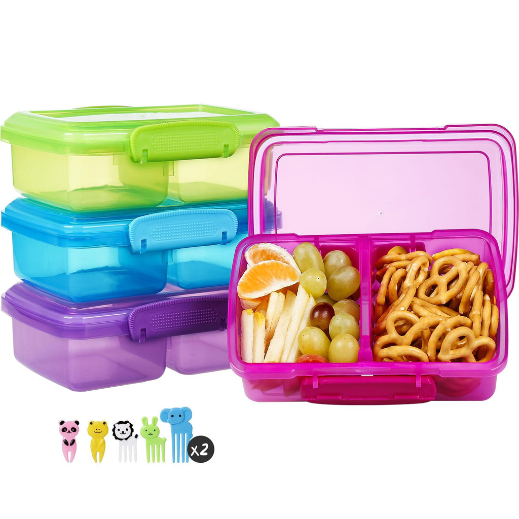 Greentainer 4 Pack Snack Containers with Lids for Kids, 2 Compartment Reusable Bento Lunch Box with Cute Forks, Divided BPA-Free Plastic Food Storage & Meal Prep for School, Travel, Fruits & Snacks