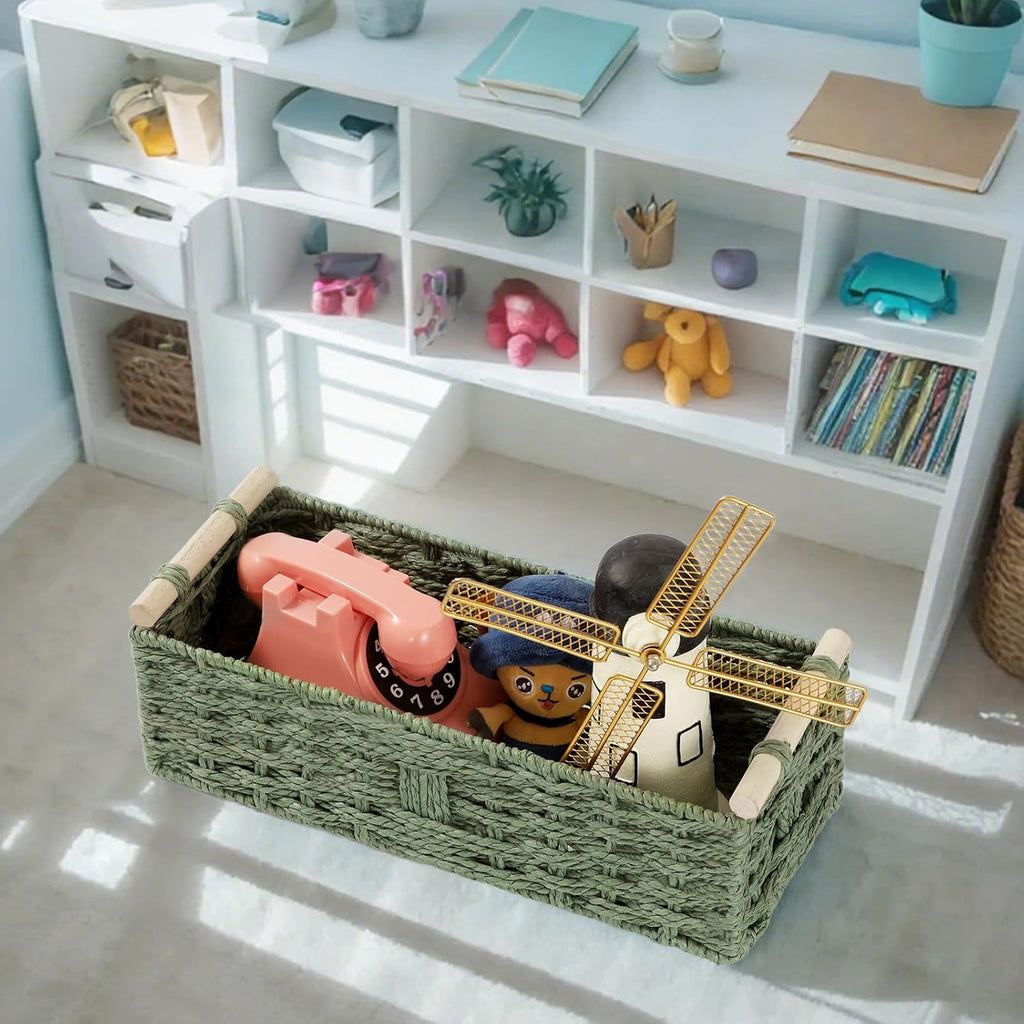 Regine Switzerland Toilet Paper Storage Basket - Decorative Green Wicker Organizer with Wooden Handles