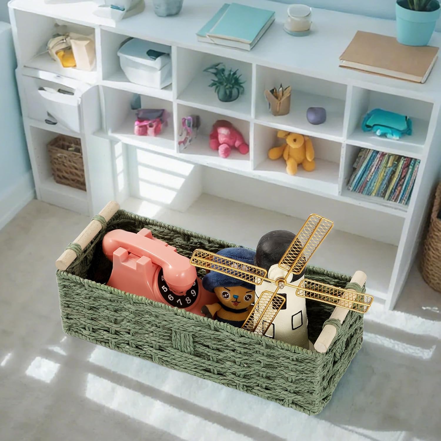 Regine Switzerland Toilet Paper Storage Basket - Decorative Green Wicker Organizer with Wooden Handles