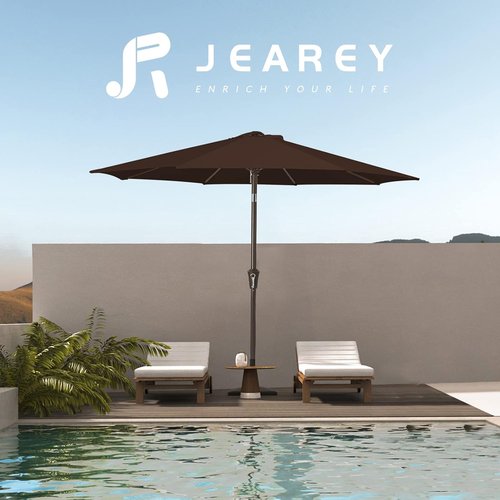 JEAREY 9FT Outdoor Patio Umbrella - Push Button Tilt & Crank | UV Protection, Waterproof, Brown