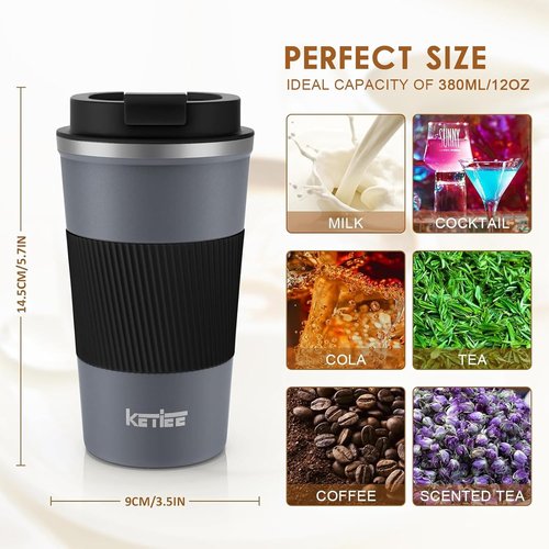 KETIEE Travel Coffee Mug - Spill Proof 12oz Insulated Stainless Steel Tumbler for Hot/Iced Drinks | Grey