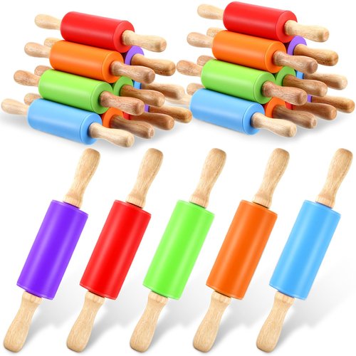 20 Pcs Small Rolling Pin Kids 9 Inch Mini Rolling Pin Silicone Wooden Cooking Pins Baking 5 Colors Non Stick Kids with Wooden Handle for Kitchen Dough Cookie Pastry Fondant Cake
